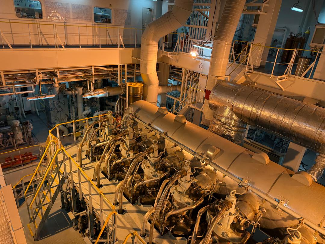 Main engine and machinery space during a shipboard inspection