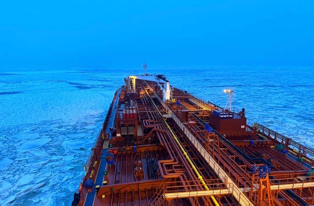 Tanker transiting icy waters